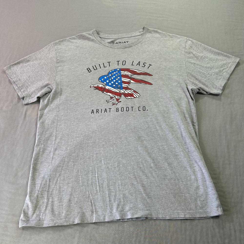 Ariat Shirt Mens Large Gray American Eagle USA Flag Print‎ Crew Neck Tee Adult *